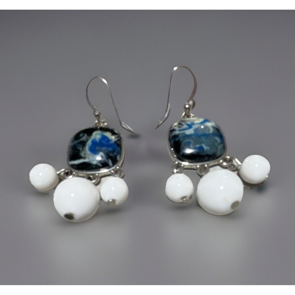 Handcrafted Dangle Earrings Silver Blue White Black Glass Bohemian Art